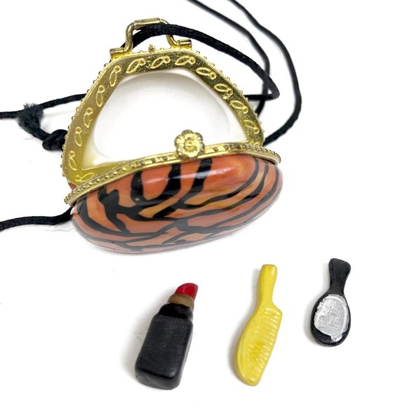 Vintage Faux Limoge Porcelain Animal Print Purse Necklace w Accessories - Picture 5 of 8